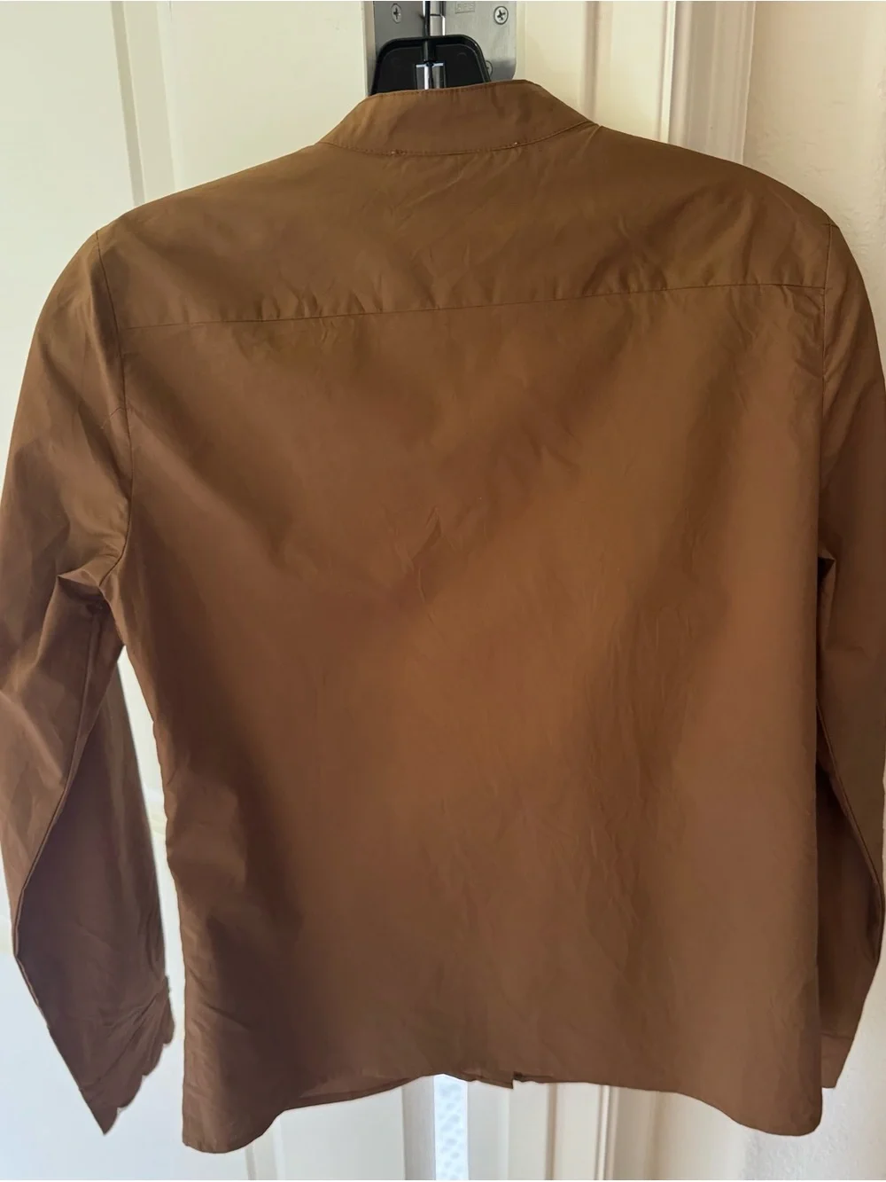 The Shirt by Rochelle Behrens Brown Button-Down Top with White Scallop Trim